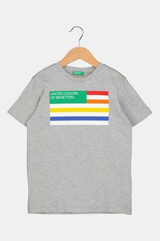 United Colors of Benetton - Logómintás pamutpóló, Piros/Zöld/Melange szürke