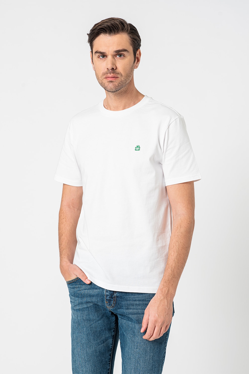 United Colors of Benetton, Tricou regular fit cu decolteu la baza gatului, Alb, M