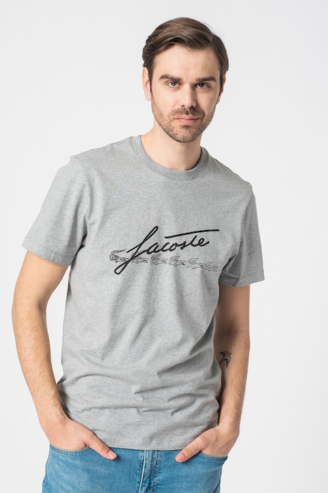 Lacoste, Памучна тениска с лого, Сив меланж/Черен