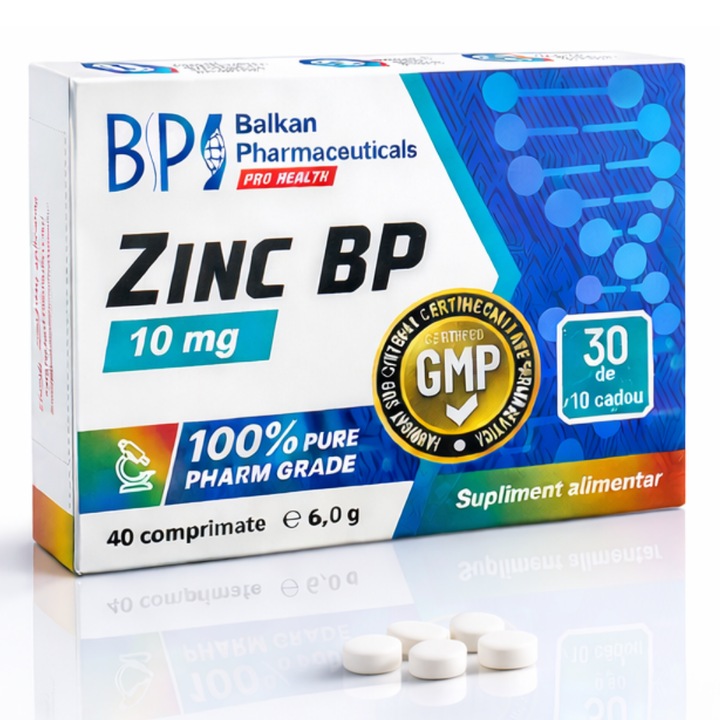 Supliment alimentar Zinc BP 10mg, Citrat de Zinc, Balkan Pharmaceuticals®, 40 comprimate, pentru Cresterea virilitatii, Sustinerea testosteronului, Imunitate si Sanatatea pielii, parului si unghiilor