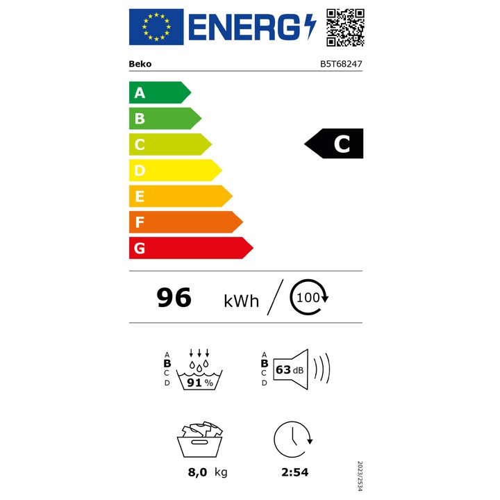 Uscator de rufe Beko B5T68247, Pompa de caldura, 8 kg, 15 programe, Clasa C, RapiDry, RecycledDry, SteamCure, Motor ProSmart Inverter, AquaWave, OptiSense, GentleCare, Alb
