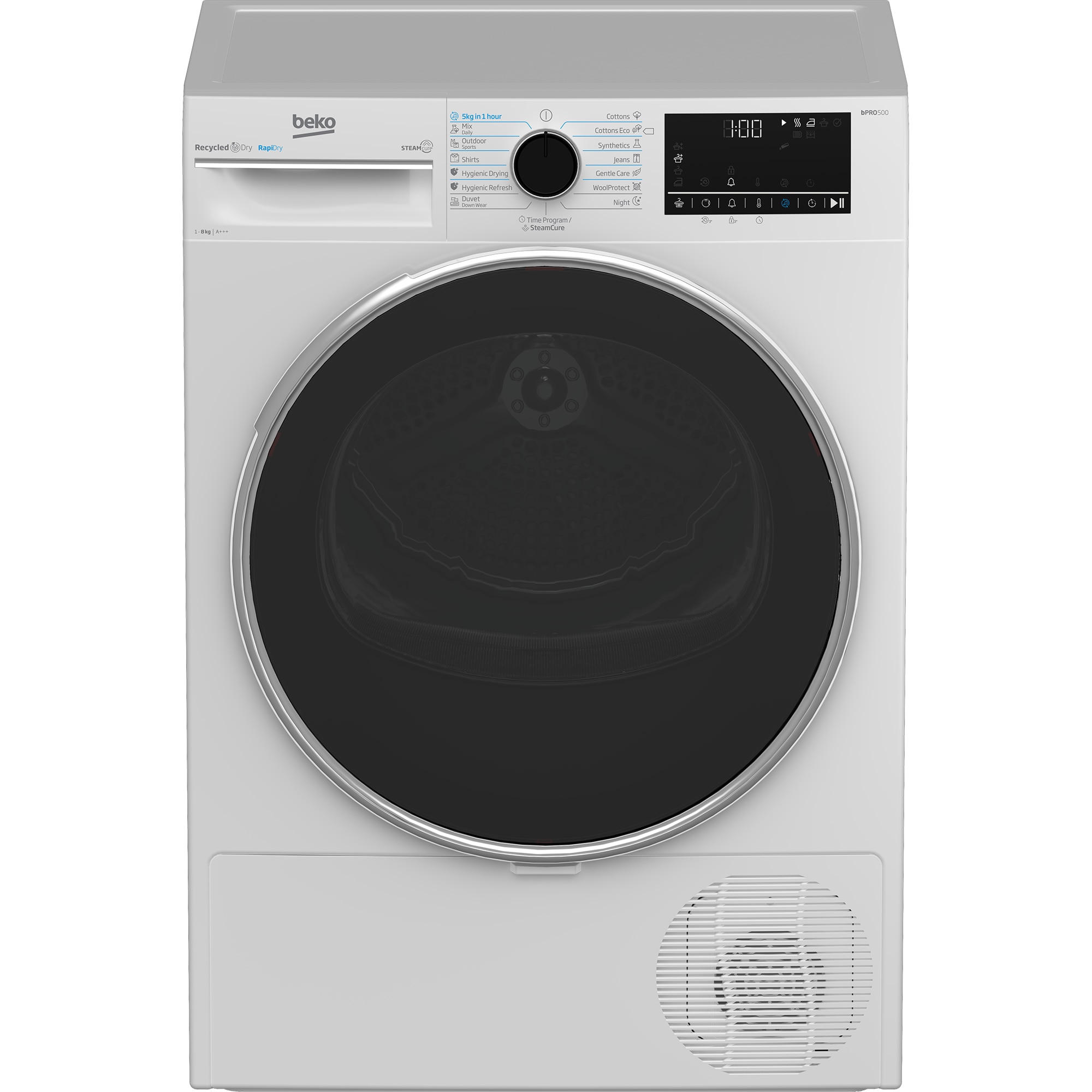 Uscator de rufe Beko B5T68247, Pompa de caldura, 8 kg, 15 programe, Clasa C, RapiDry, RecycledDry, SteamCure, Motor ProSmart Inverter, AquaWave, OptiSense, GentleCare, Alb
