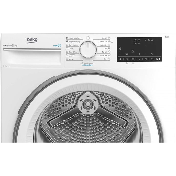 Uscator de rufe Beko B3T68230, Pompa de caldura, 8 kg, 15 programe, Clasa E, SteamCure, RecycledDry, EcoGentle, OptiSense, Aquawave, Alb