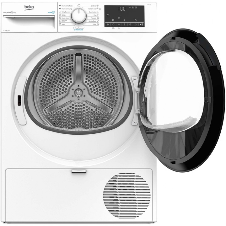 Uscator de rufe Beko B3T68230, Pompa de caldura, 8 kg, 15 programe, Clasa E, SteamCure, RecycledDry, EcoGentle, OptiSense, Aquawave, Alb