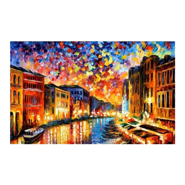 Set pictura pe numere Peisaj noapte 9230, DIY, 30x40 cm, Panza bumbac pe rama lemn, tablou cu schita, Contine pensule si vopsele acrilice