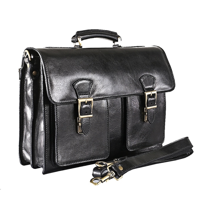 Geanta port laptop din piele naturala vachetta, neagra, LS151