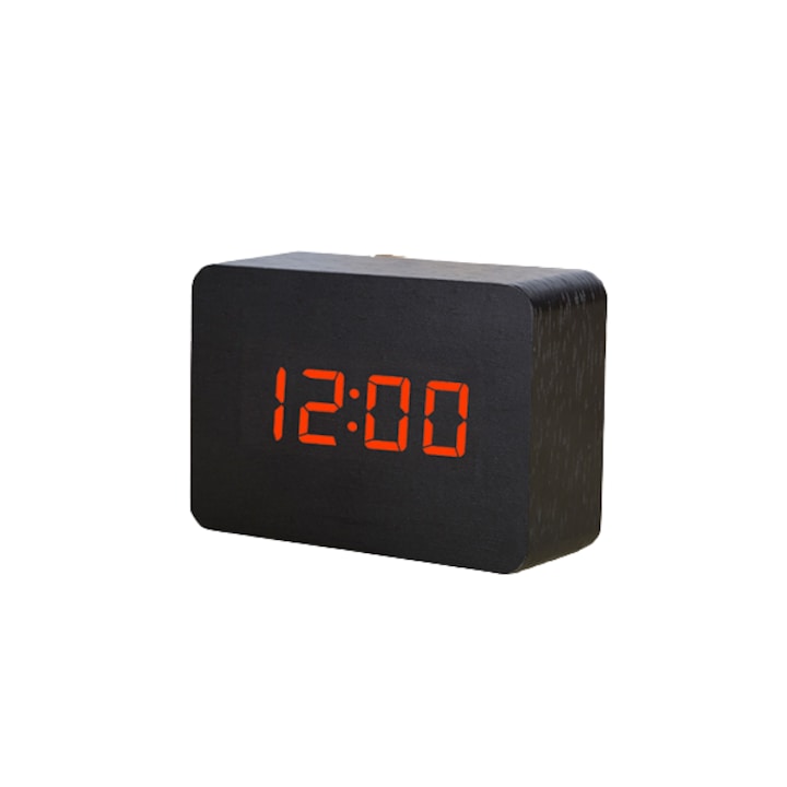 Ceas din lemn cu termometru, alarma, baterii / priza, negru