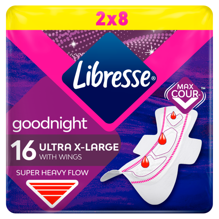 Libresse Ultra+ X-Large Goodnight szárnyas egészségügyi betét, éjszakai, 2x8 db