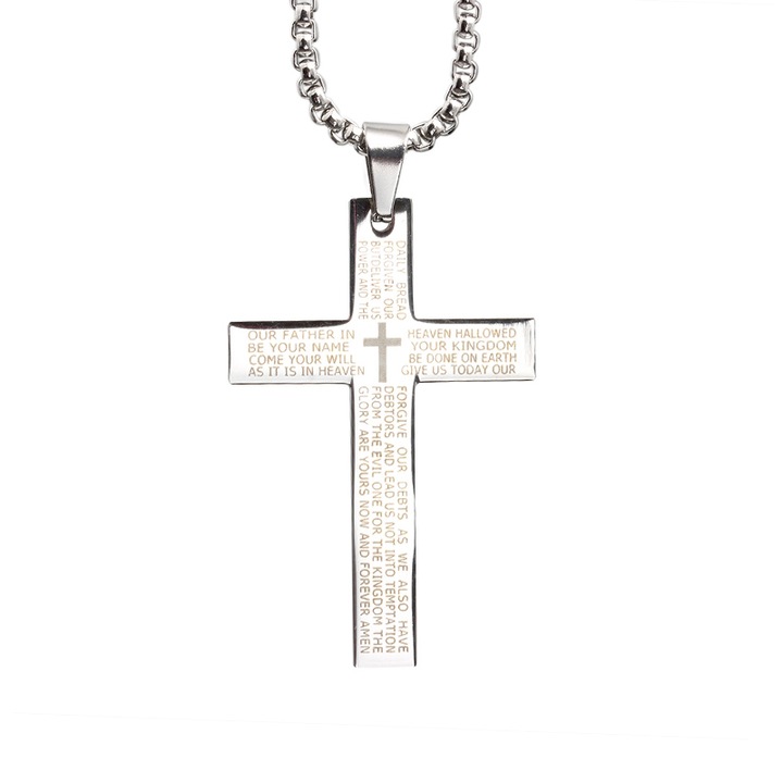 Lant cu cruce, inscriptie “Tatal Nostru”, argintiu, barbati, EFAYN