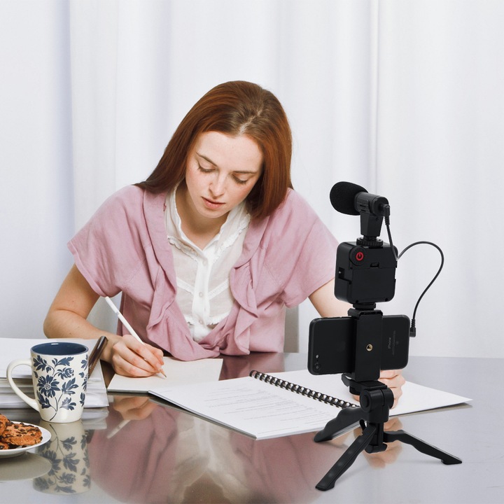 Kit de vlogging, trepied cu microfon tip pusca, suport pentru telefon, lumina led pentru filmari pe Youtube, inregistrare video, fotografie, compatibil cu aparatul foto/smartphone-uri