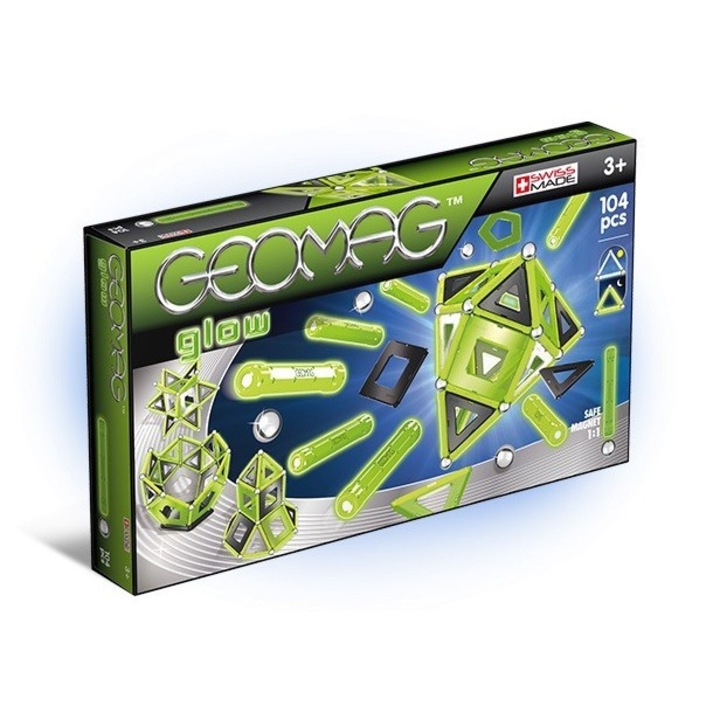 Set constructie Geomag, Fosforescent, 104 piese, 3+