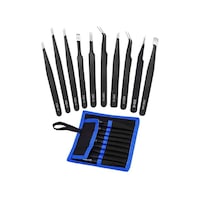 Set 10 pensete de precizie, Otel inoxidabil, Lungime 12-14 cm, Negru/Argintiu
