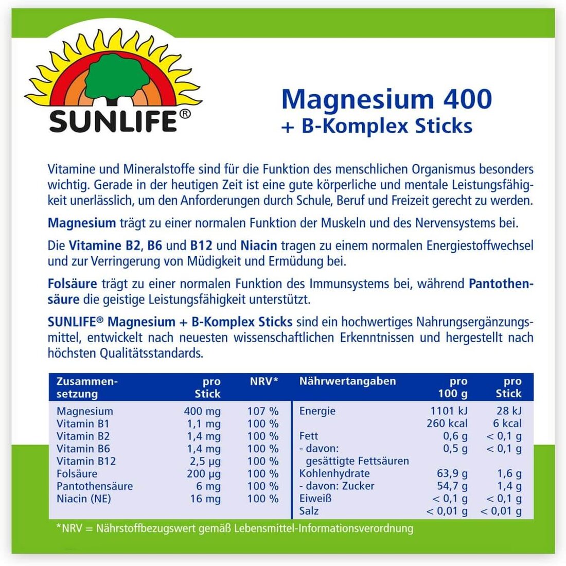 Magnesium 400 + B Complex, Sunlife, 20 Pliculete, 50 G - EMAG.ro