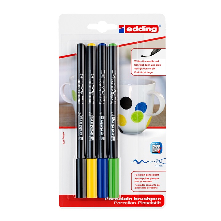 Set marker Edding 4200, varf tip pensula, 4 culori, negru, galben, bleumarin, verde
