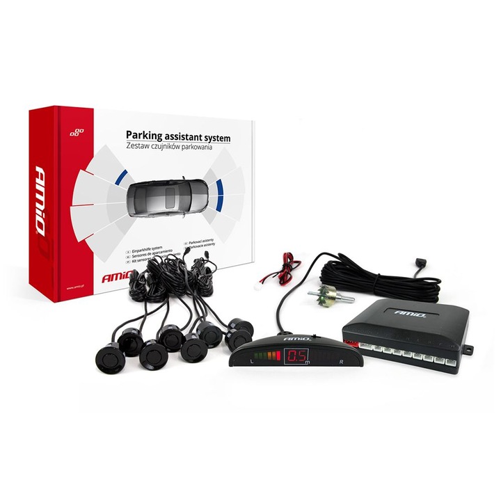 Első hátsó parkoló érzékelő, AMIO, LED kijelzővel, hangjelzéssel