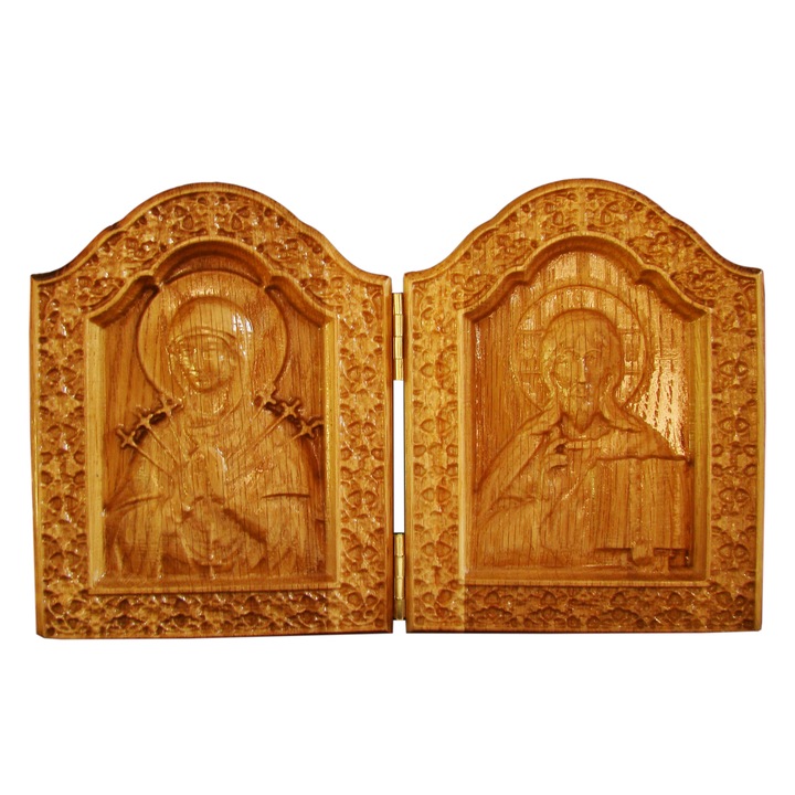 Diptichon ikon, tömör fából készült szobor, 13x20,5x18 (13x10,2x3,6 cm)