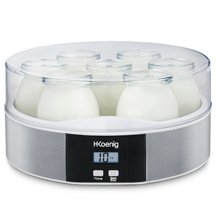 Aparat de preparat iaurt H.Koenig, ELY70, 7 borcane din sticla/ 160 ml, timer, display LCD, oprire automata, usor de utilizat, argintiu
