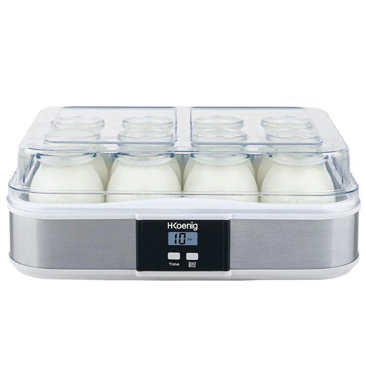 Aparat de preparat iaurt H.Koenig, ELY120, 12 borcane din sticla/ 160 ml, timer, rapid, display LCD, oprire automata, usor de utilizat, inox