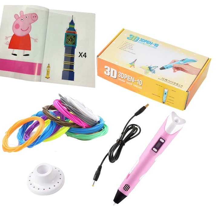 3D писалка DigitalX, LCD дисплей, Книга с шаблони, PLA нишка 1.75 мм, 4 цвята, 12 м, Бял/Розов