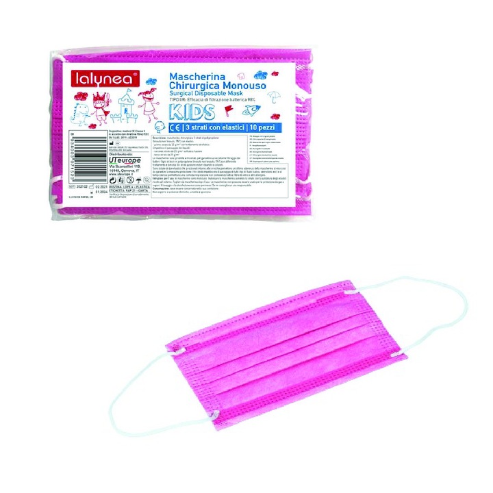 Комплект от 10 броя медицински маски за лице за деца, тип IIR, 3 гънки, 3 слоя, розови