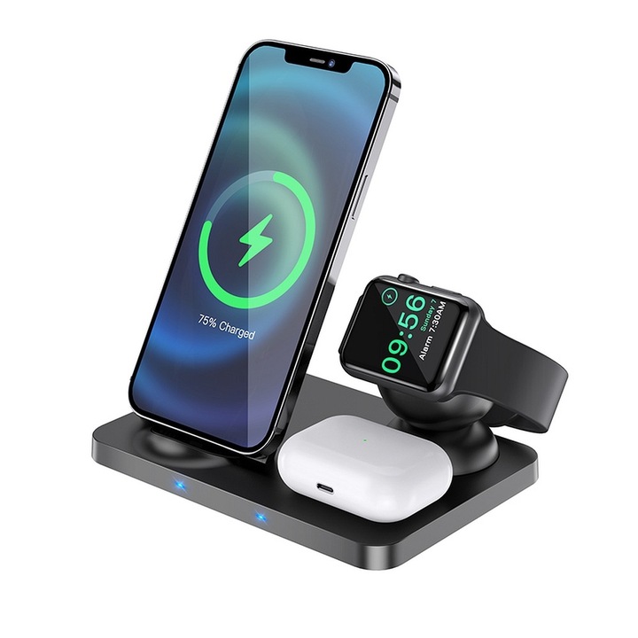 Statie Incarcare Wireless, BzStore, Ultra-Charge, MagSafe, 15W, Black 3 in 1, Compatibil Cu Apple Watch Toate Seriile Airpods Toate Modele si Iphone Android Samsung Huawei Xiaomi