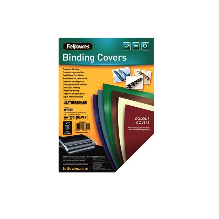 Set 100 Coperti Indosariere A4 Fellowes, Carton, 250 g/m², Alb