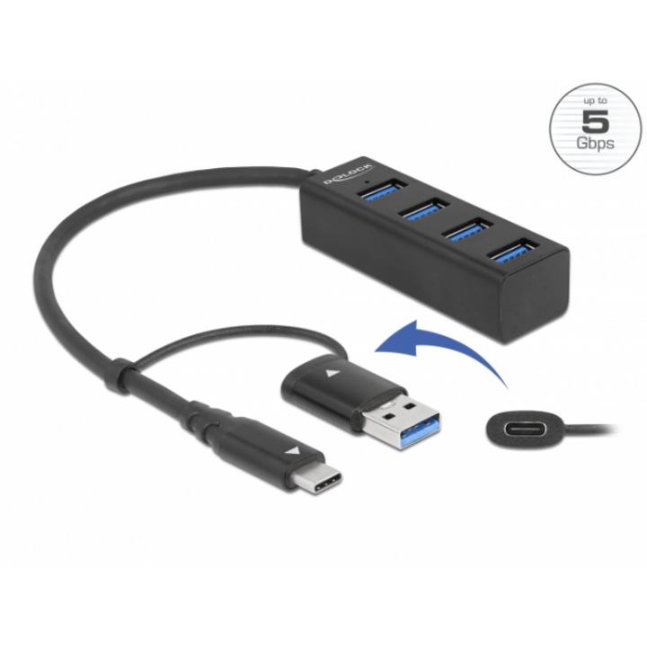 USB хъб Delock, 3.2 Gen 1, 4 x USB-A, USB-C, USB-A конектор, Черен