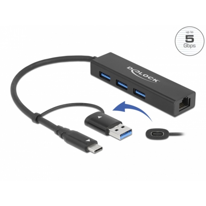 USB хъб Delock, 3.2 Gen 1, 3 x USB-A, Gigabit LAN, USB-C, USB-A конектор, Черен
