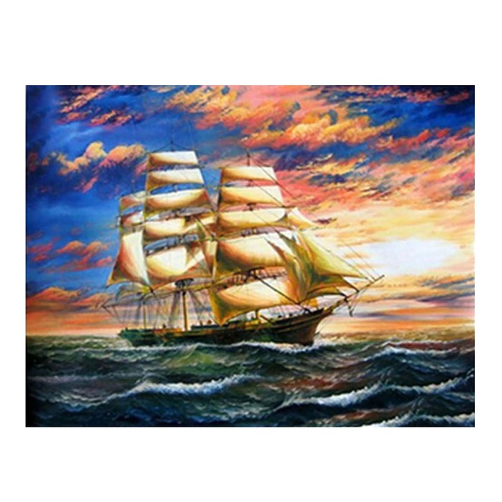 Kit pictura cu diamante 5D, Model barca cu panze, 30x40 cm, Multicolor