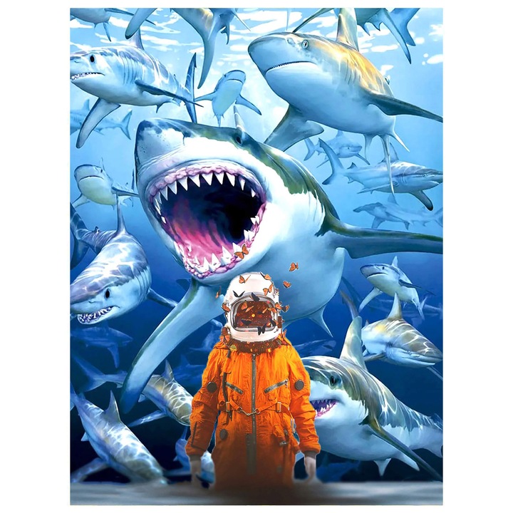 Set broderie cu diamante GIEAAO 5D, Model Rechin, 30x40 cm, Multicolor