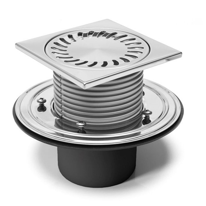 Sifon pardoseala 386-F, Chudej GmbH, Polipropilena/Otel, 150x150 mm, Inaltime 131/183 mm, Negru/Argintiu