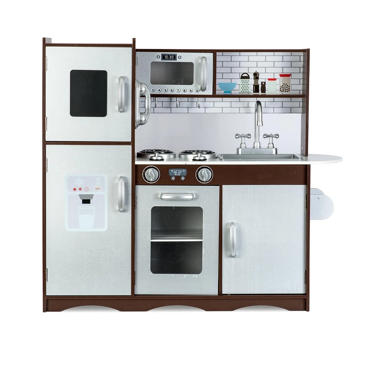 Set bucatarie copii DacEnergy©, realizata din lemn si placa mdf, frigider cu tabla de scris, congelator, cuptor cu microune, telefon, aragaz si cuptor, chiuveta, 92 x 82,5 x 30 cm, gri si maro