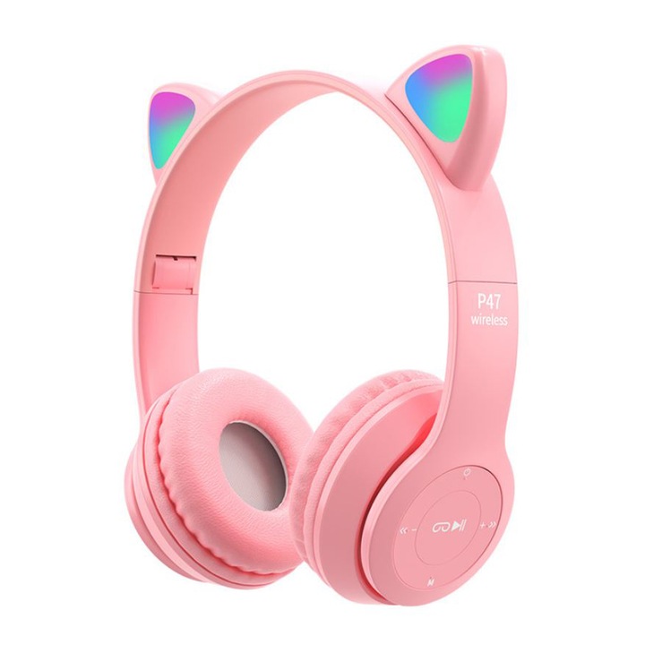 Слушалки Gaea P47, On Ear, Bluetooth 5.0, Безжични, Стерео, Розов, Батерия 400 mAh