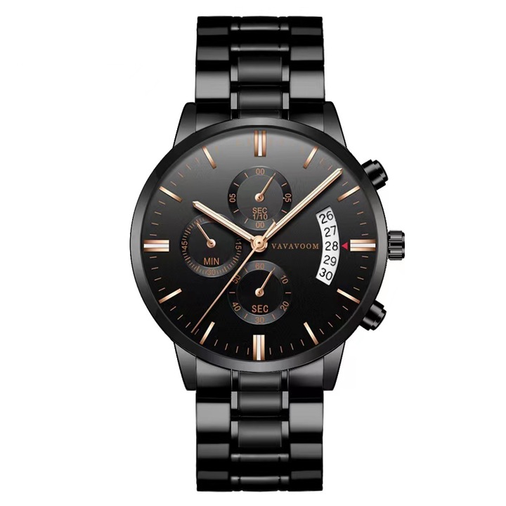 Ежедневен бизнес часовник, кварцов, водоустойчив, неръждаема стомана, черен