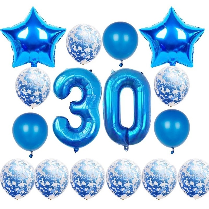 Комплект 24 балона за рожден ден, It's Party Time, 30 години, син цвят