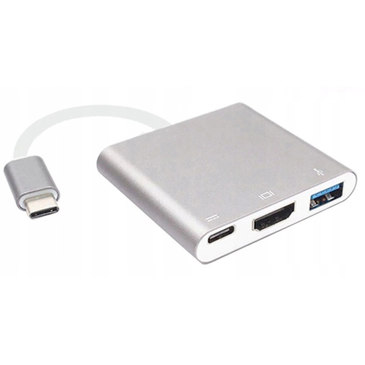 Adaptor HUB 3 in 1, Aluminiu, USB-C-USB 3.0/HDMI/USB-C, 5 x 6 x 1 cm, Gri/Alb