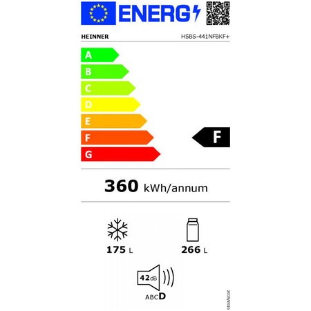 Side by side Heinner HSBS-441NFBKF+, 441l, Full No Frost, Compresor Inverter, Functie Smart, Clasa F, H 178 cm, Negru