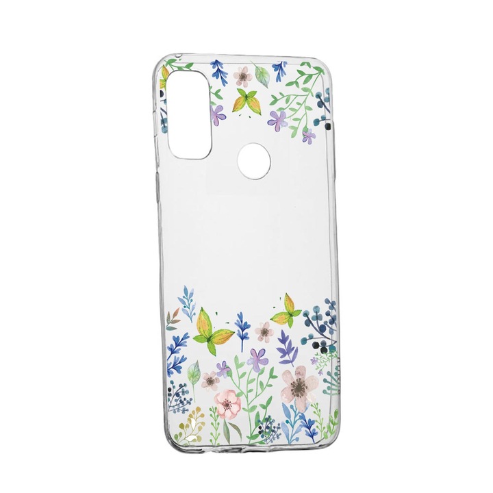Силиконов калъф Unique за Huawei P Smart (2020), Butterfly Flowers, Transparent TR 95