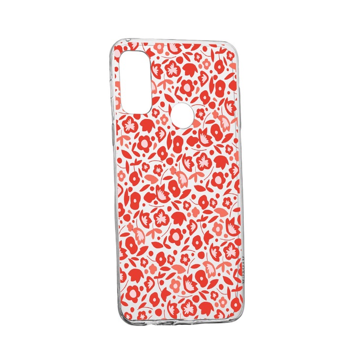 Силиконов калъф Unique за Huawei P Smart (2020), Red Floweres Pattern, Transparent TR 631