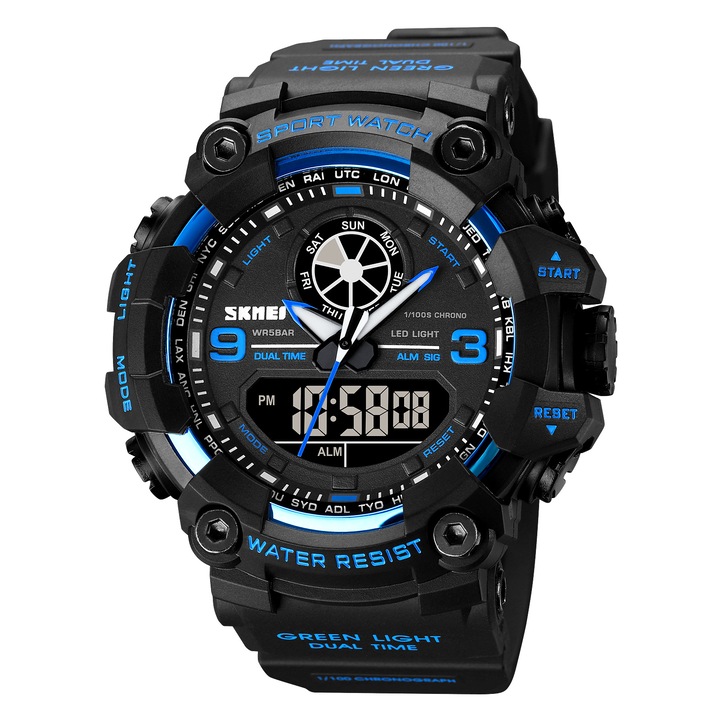 Дигитален часовник за мъже, полиуретанова каишка, двойно време, функция хронометър, черно/синьо