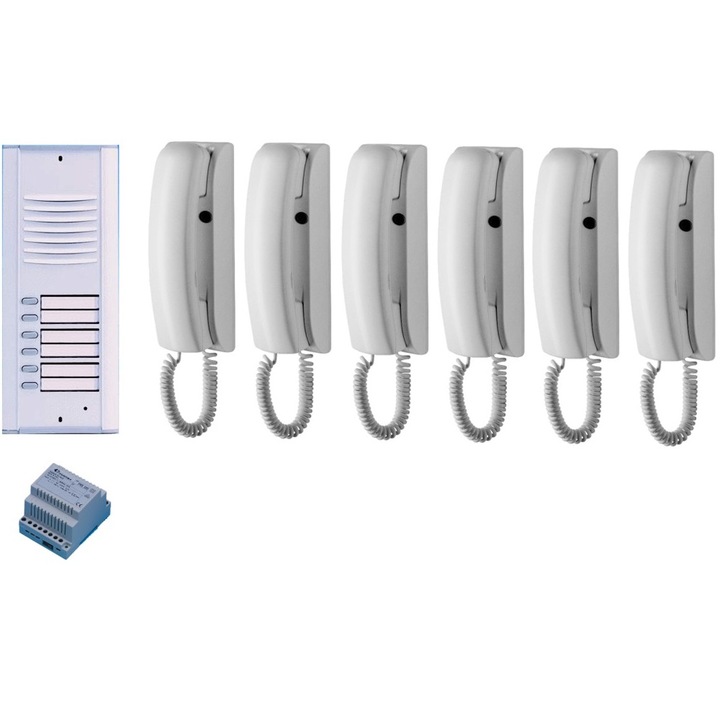 Kit interfon audio, Farfisa, pentru 6 familii, tip telefon intern PT524W, cablaj 4+n, alb