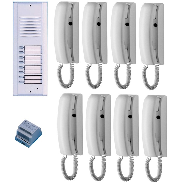 Kit interfon audio, Farfisa, pentru 8 familii, tip telefon intern PT524W, cablaj 4+n, alb