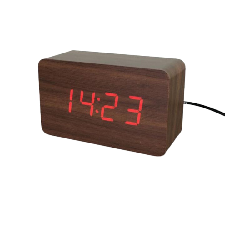 Ceas din lemn cu termometru, alarma, baterii / priza, wenge