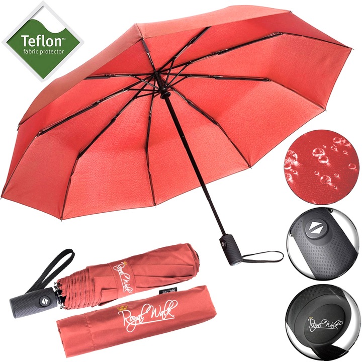 Umbrelа de Ploaie Pliabilа Royal Walk Compactа de Lux, Pentru Femei si Barbati, Deschidere si Inchidere Automata, Rezistent la Vant, Uscare Rapidа, Diametru de 102 cm, Rosu