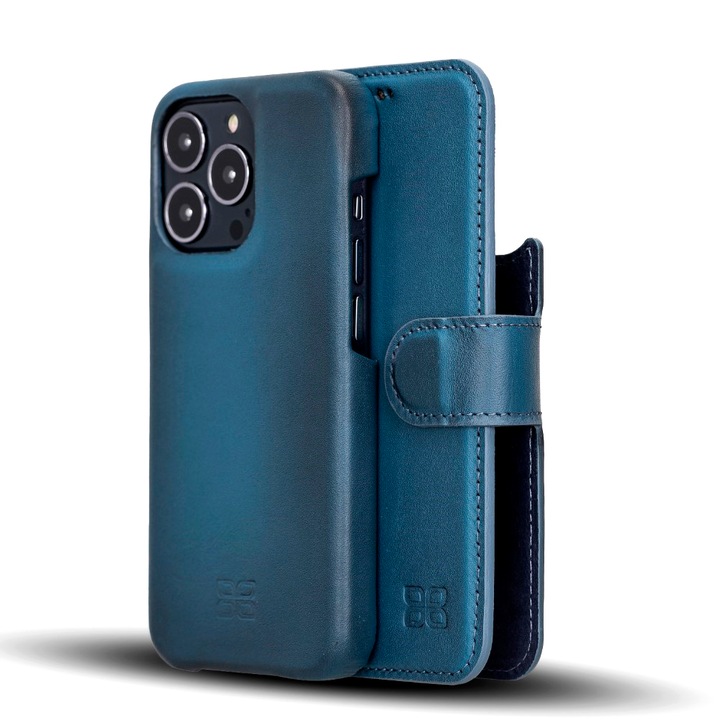 Husa pentru iPhone 13 Pro, Bouletta F360 Magic Wallet, piele naturala 2in1, portofel, back cover full piele, compatibil MagSafe, Burnished blue