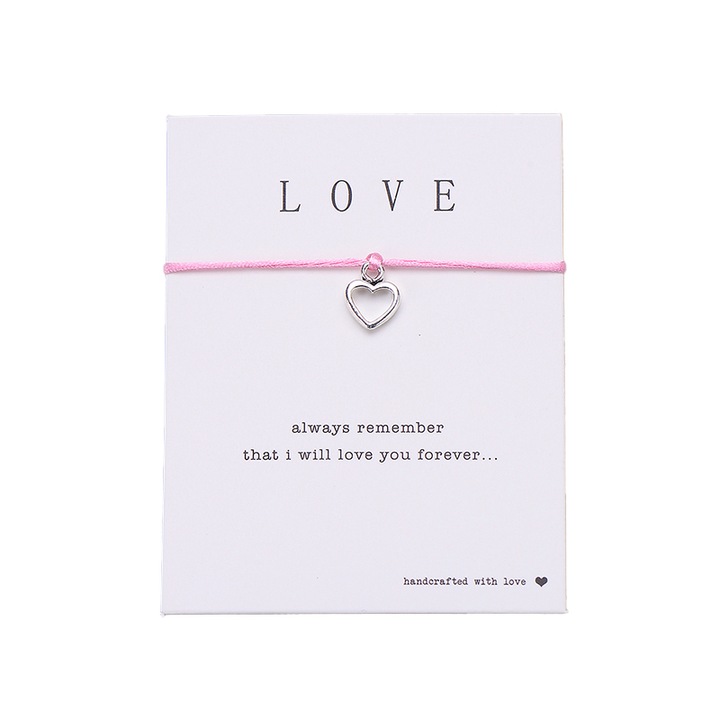 EFAYN.RO "Love" karkötő, ezüst szív medál, kézzel készített, rózsaszín zsinór, állítható, unisex