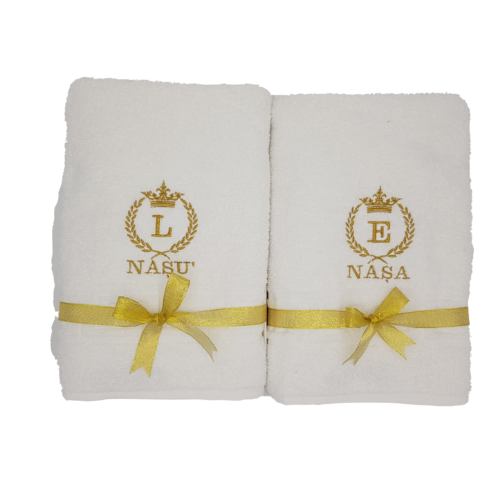 Set 2 prosoape personalizate cu Monograma Nasi, 70x130 cm, alb, bumbac, GSM 600g