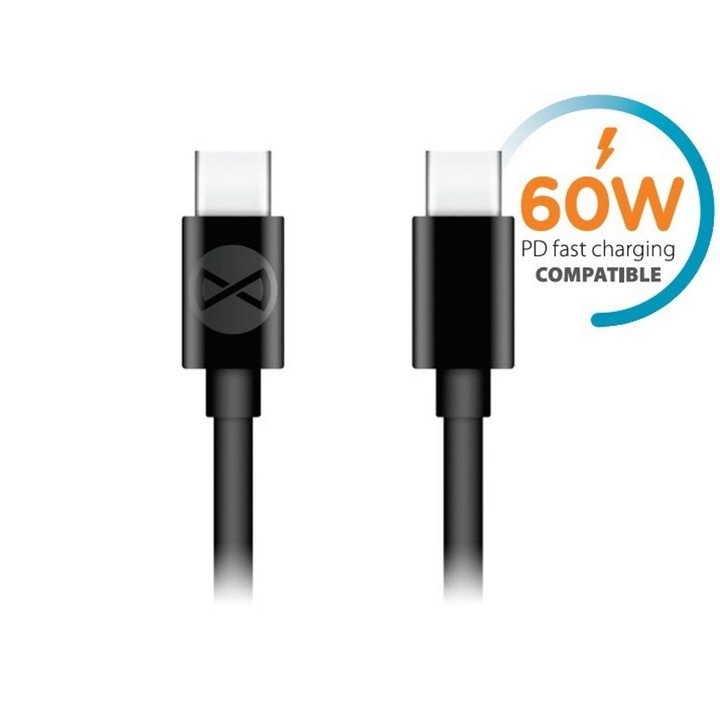 Type-C adatkábel, töltőkábel, Type-C - Type-C, USB-C, fekete, 1m 3A, Forever