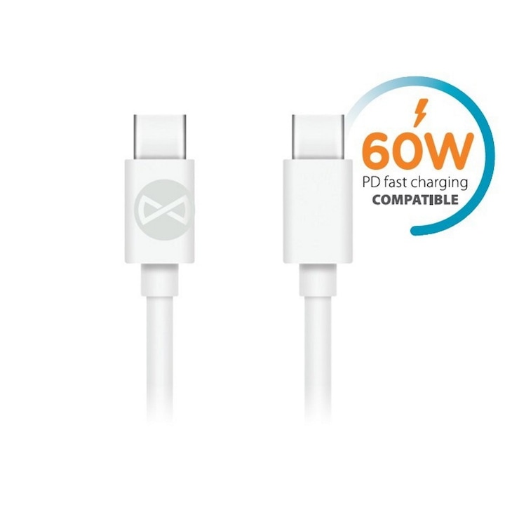 Type-C adatkábel, töltőkábel, Type-C - Type-C, USB-C, fehér, 1m 3A, Forever