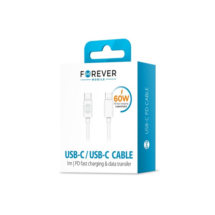 Cablu de date, Forever, USB-C, 1 m, 3 A, 60W, Alb